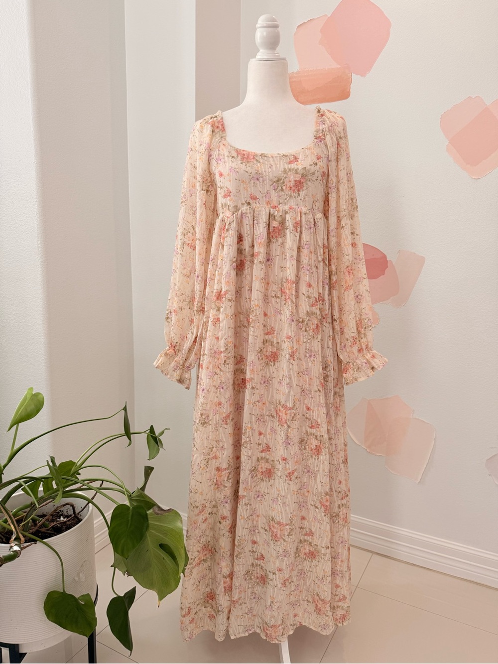 Floral Cream Maxi Dress with Pink & Green Accents